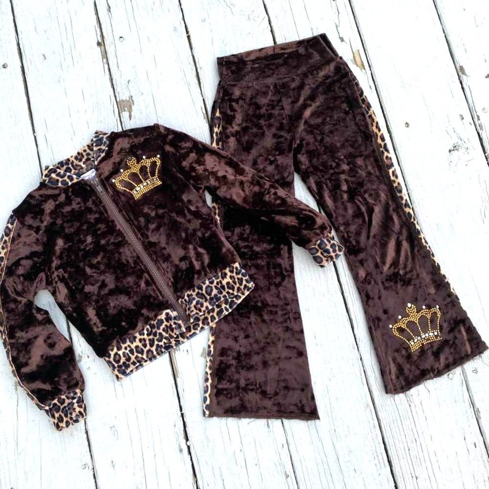 Girls Brown Velour Sweatsuit Lounge Set Rhinestones Bling Crown Boutique Sz 4